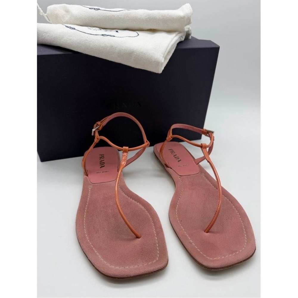 Prada Vernice Rosa Suede T-Strap Flat Sandals Size 39
